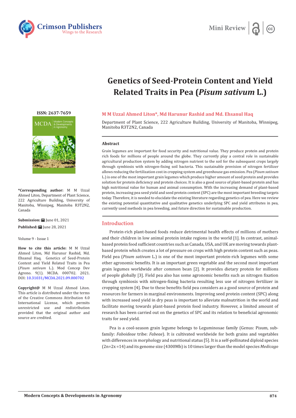 Genetics of Seed-Protein Content and Yield Related Traits in Pea (Pisum Sativum L.)