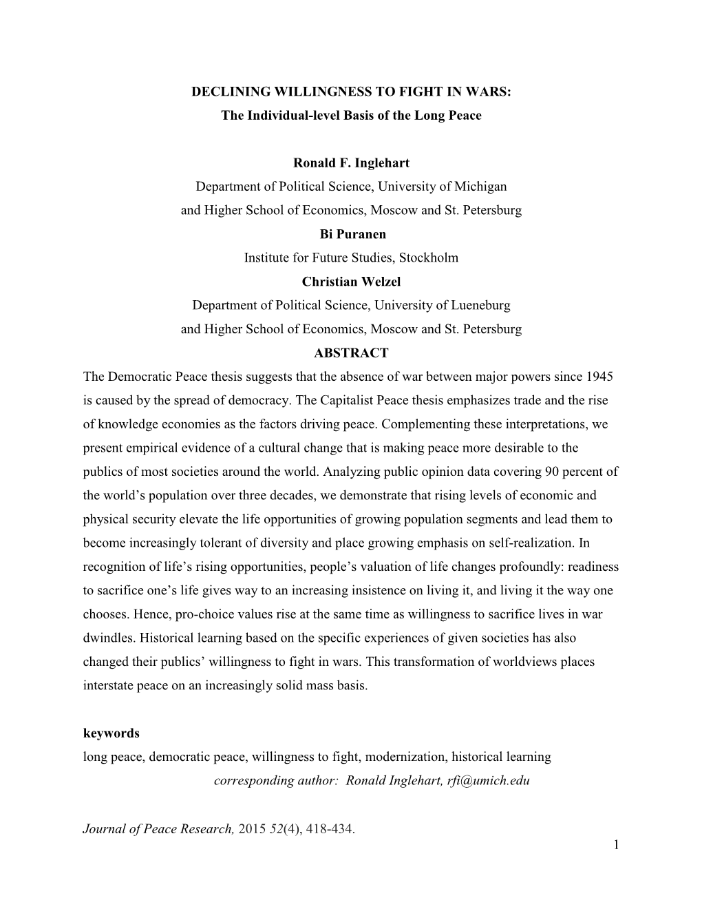 Journal of Peace Research, 2015 52(4), 418-434. 1 DECLINING WILLINGNESS to FIGHT in WARS: the Individual-Level Basis of the Long