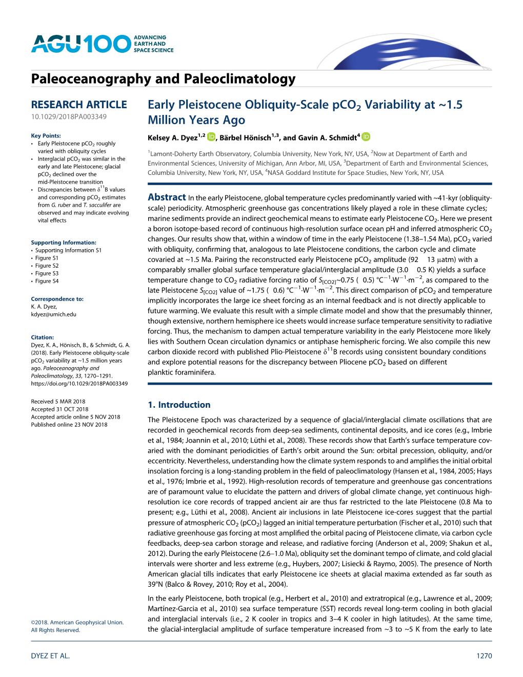 Early Pleistocene Obliquity-Scale Pco2 Variability at ~1.5 10.1029/2018PA003349 Million Years Ago Key Points: Kelsey A