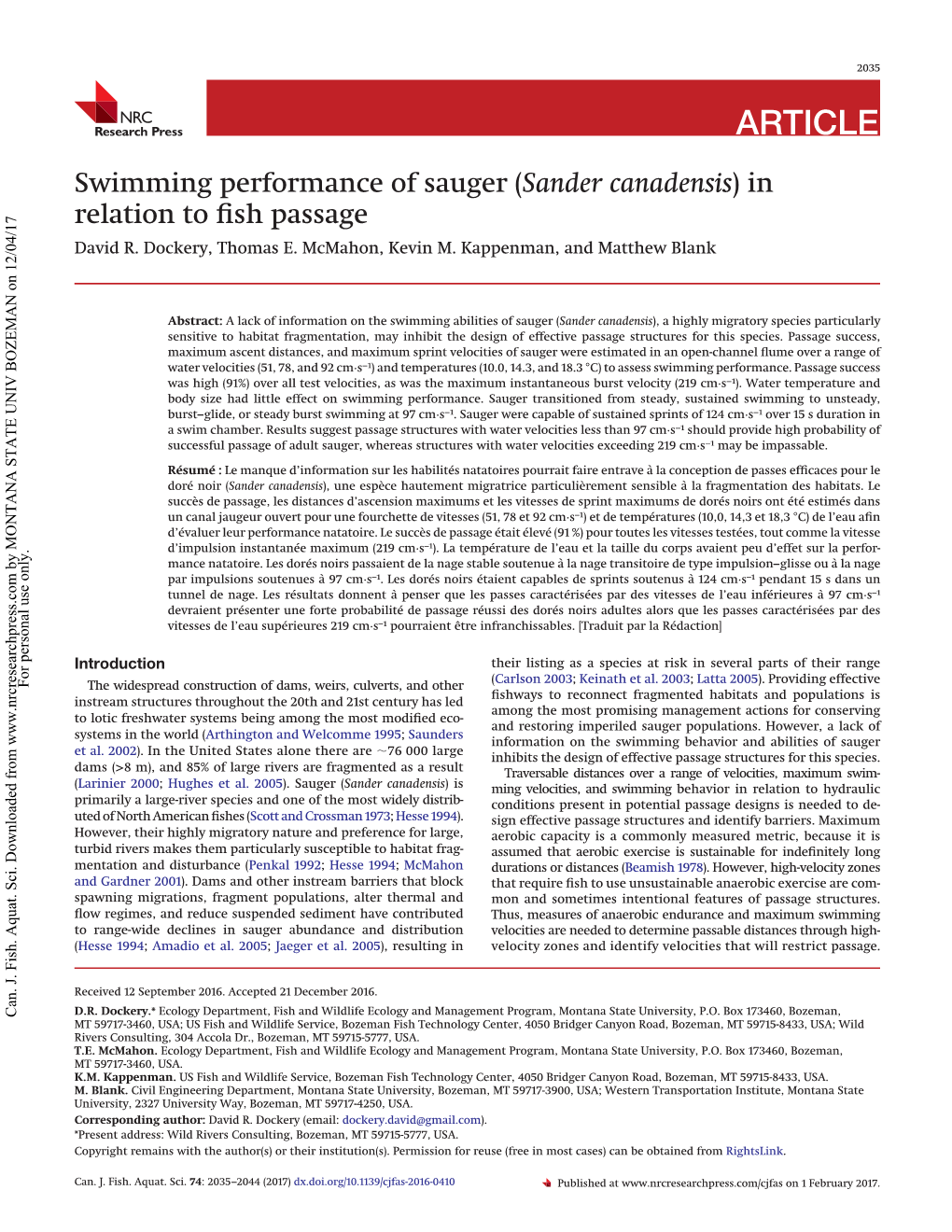 Swimming Performance of Sauger (Sander Canadensis) in Relation To