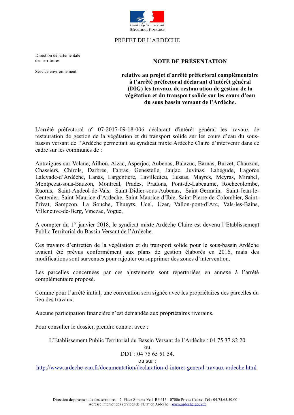 PRÉFET DE L'ardèche NOTE DE PRÉSENTATION Relative Au Projet