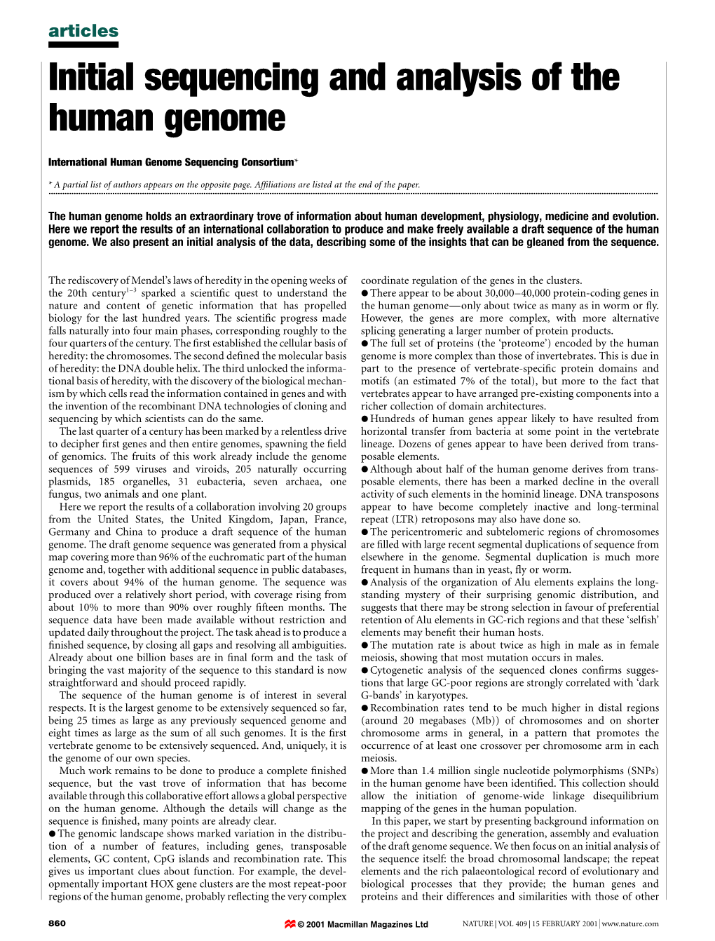 Initial Sequencing and Analysis of the Human Genome