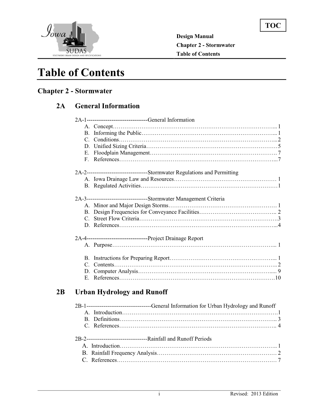 Stormwater Table of Contents