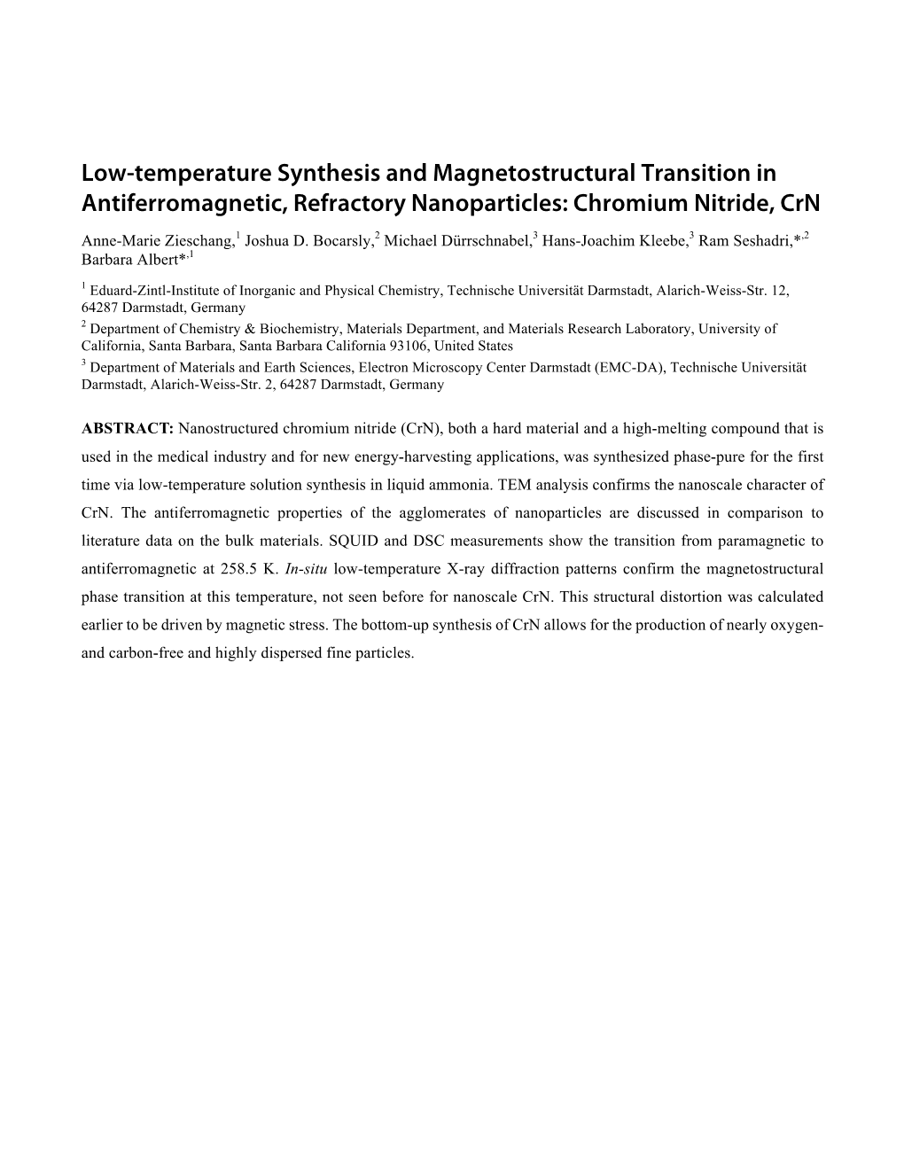 Low-Temperature Synthesis and Magnetostructural Transition in Antiferromagnetic, Refractory Nanoparticles: Chromium Nitride