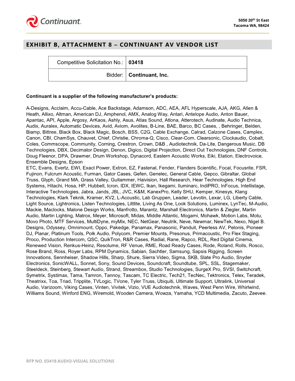 Exhibit B, Attachment 8 – Continuant Av Vendor List