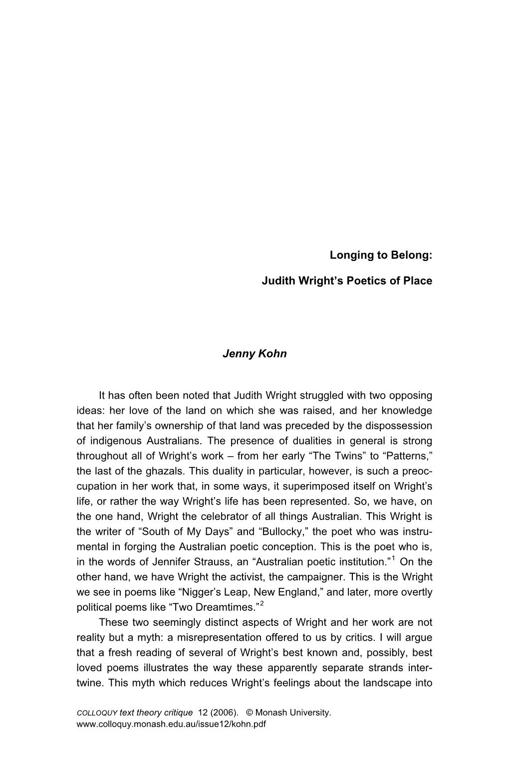 Longing to Belong: Judith Wright's Poetics of Place