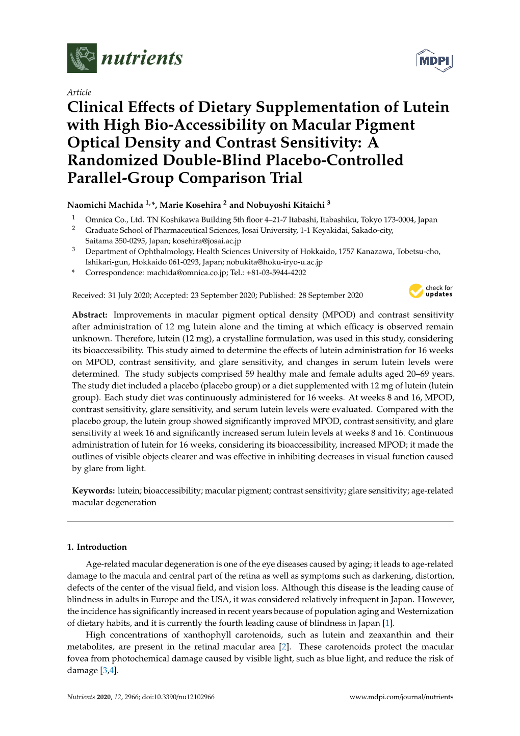 Clinical Effects of Dietary Supplementation of Lutein With