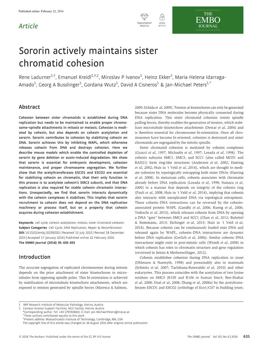 Sororin Actively Maintains Sister Chromatidâ€Cohesion