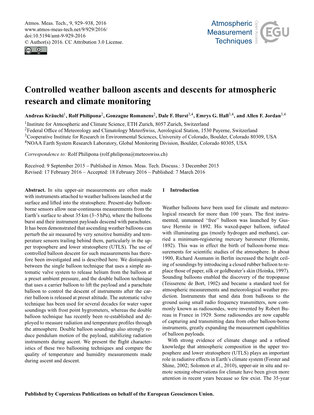 Controlled Weather Balloon Ascents and Descents for Atmospheric Research and Climate Monitoring