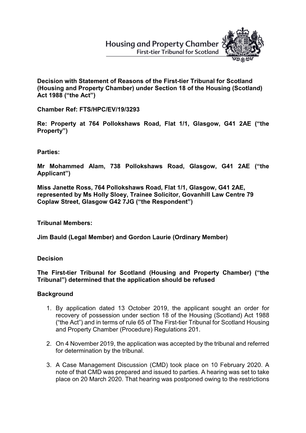 Decision with Statement of Reasons of the First-Tier Tribunal for Scotland (Housing and Property Chamber) Under Section 18 of Th