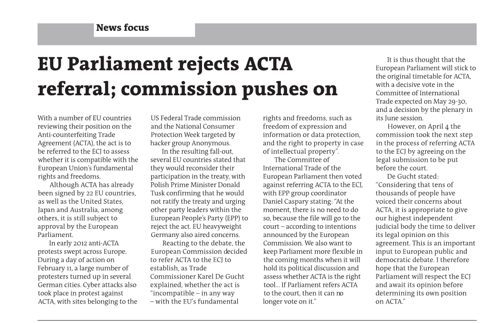 EU Parliament Rejects ACTA Referral; Commission Pushes On