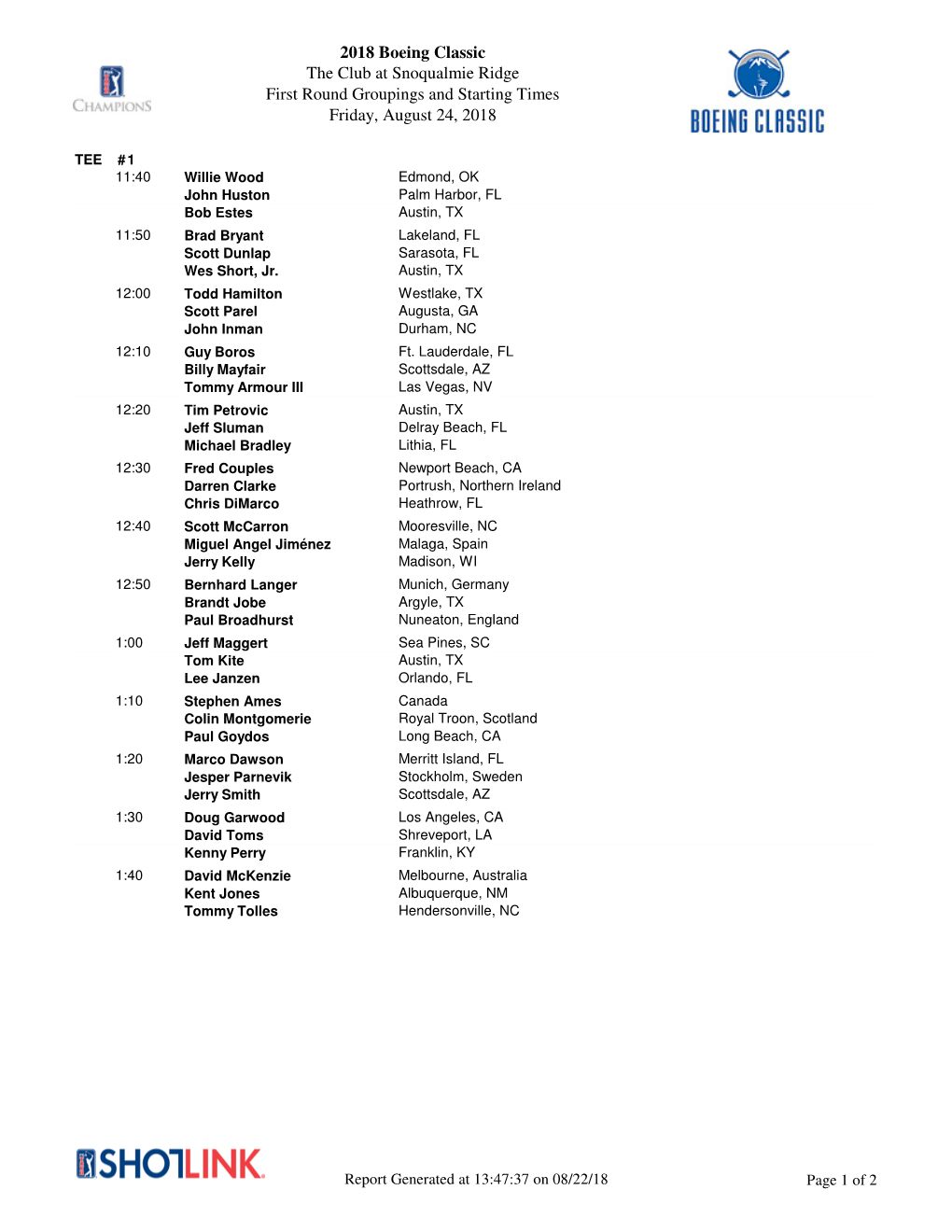 2018 Boeing Classic the Club at Snoqualmie Ridge First Round Groupings and Starting Times Friday, August 24, 2018