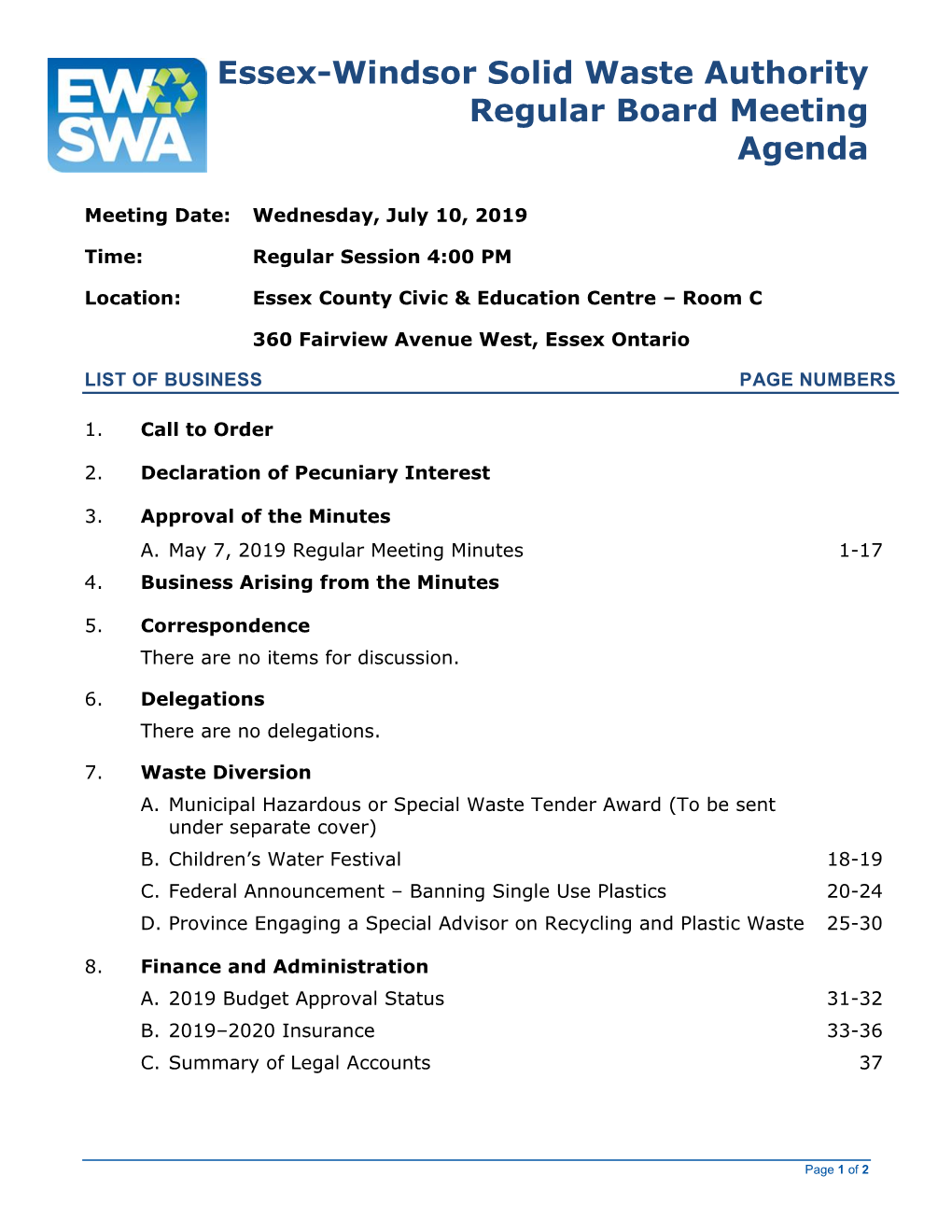 Essex-Windsor Solid Waste Authority Regular Board Meeting Agenda