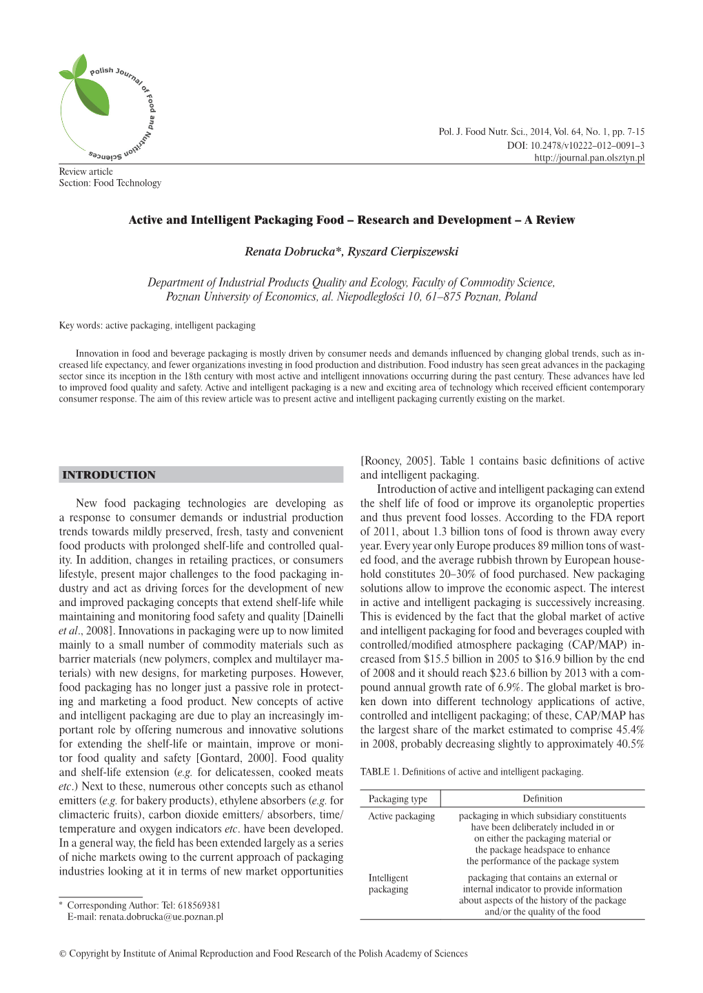 Active and Intelligent Packaging Food – Research and Development – a Review