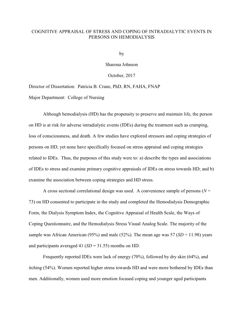 Cognitive Appraisal of Stress and Coping of Intradialytic Events in Persons on Hemodialysis