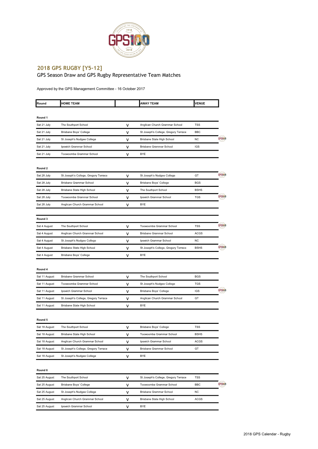 2018 GPS RUGBY [Y5-12] GPS Season Draw and GPS Rugby Representative Team Matches