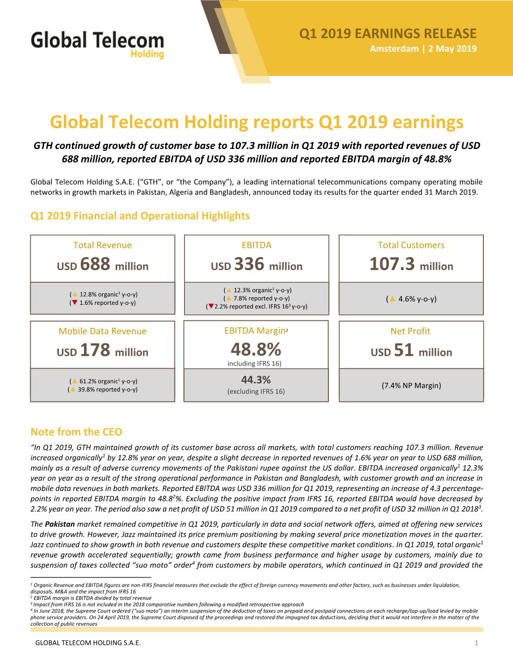 GTH 1Q19 Earnings Release