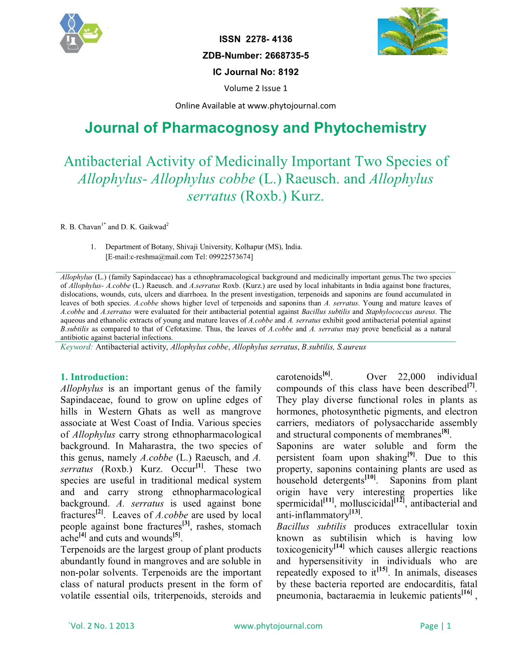 Journal of Pharmacognosy and Phytochemistry Antibacterial Activity of Medicinally Important Two Species of Allophylus- Allophylu