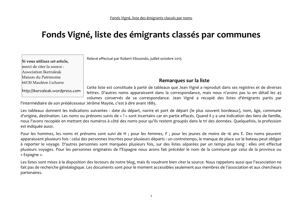 Fonds Vigné, Liste Des Émigrants Classés Par Communes