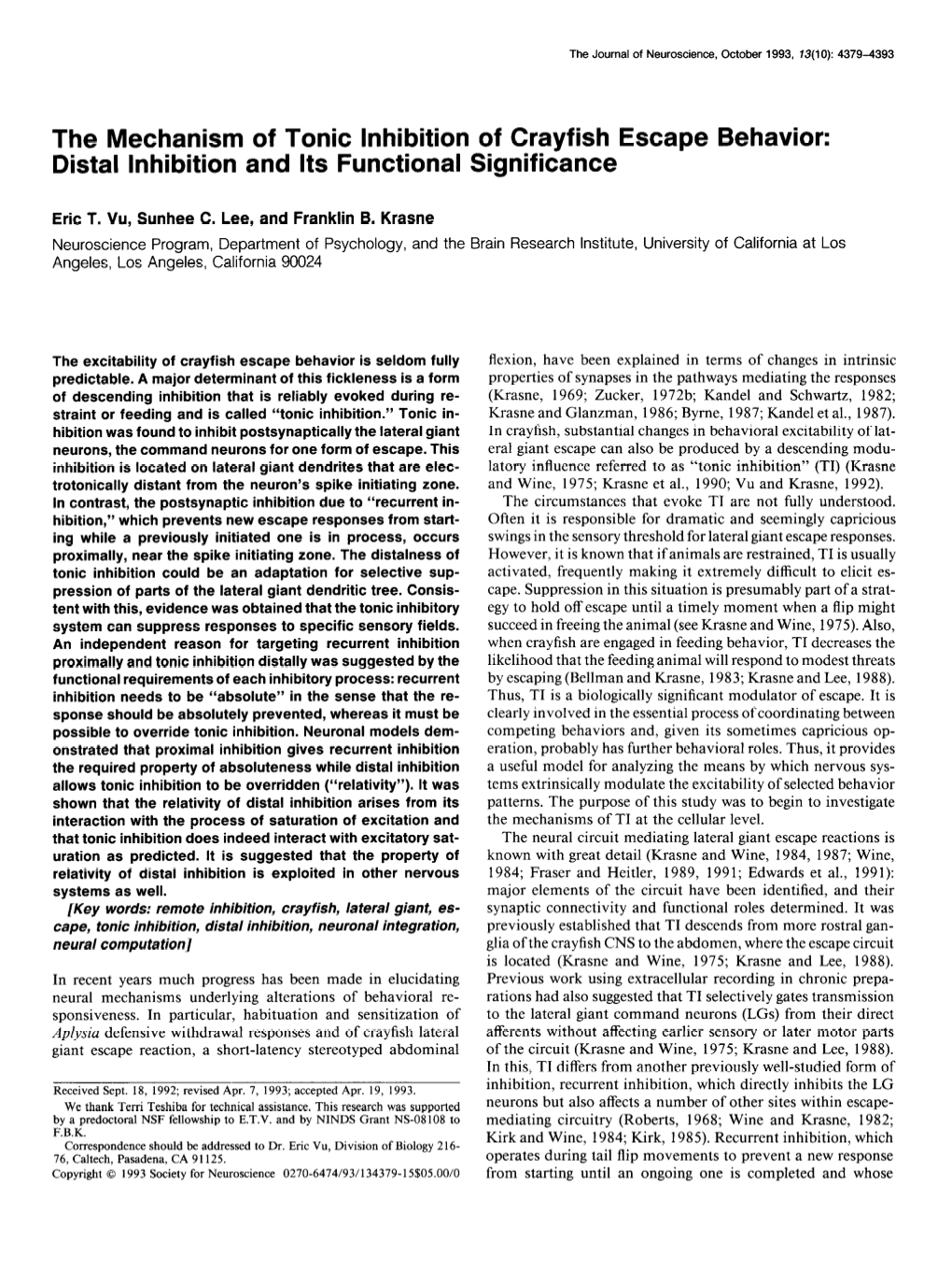 The Mechanism of Tonic Inhibition of Crayfish Escape Behavior: Distal Inhibition and Its Functional Significance