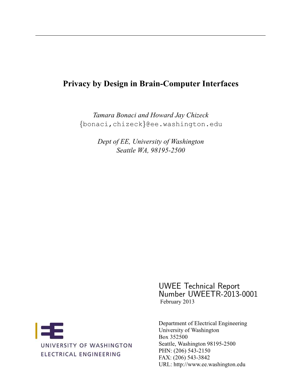Privacy by Design in Brain-Computer Interfaces UWEE Technical Report