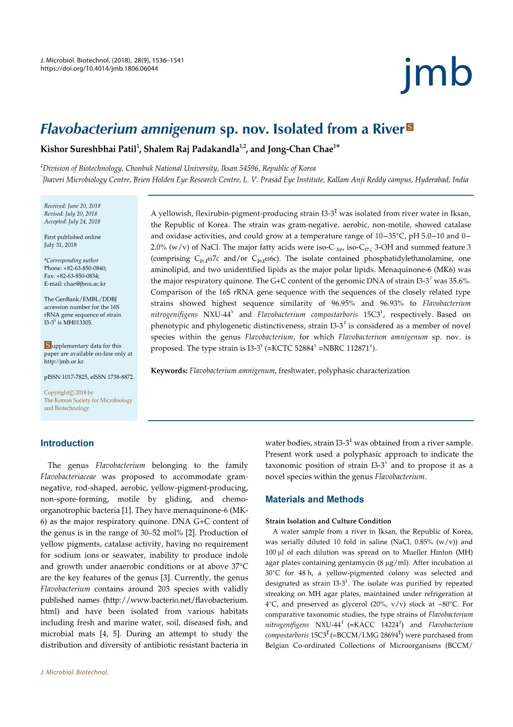 Flavobacterium Amnigenum Sp. Nov. Isolated from a River S Kishor Sureshbhai Patil1, Shalem Raj Padakandla1,2, and Jong-Chan Chae1*