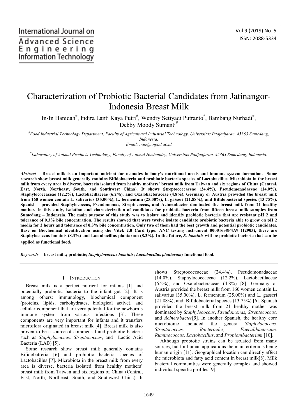 Characterization of Probiotic Bacterial Candidates from Jatinangor