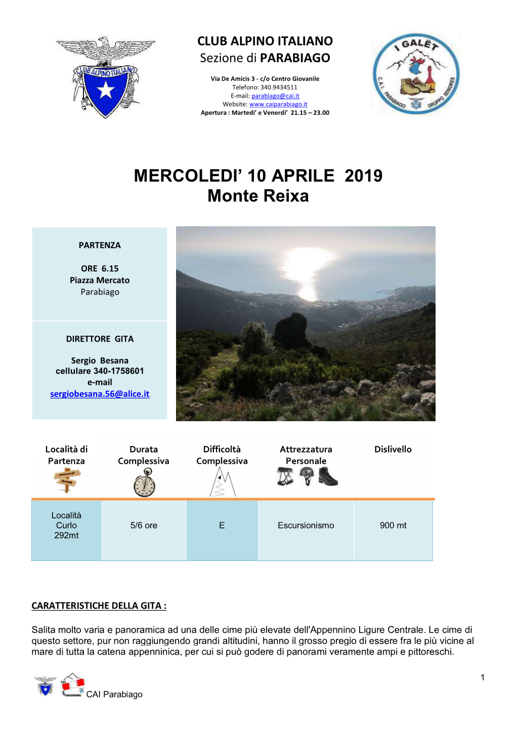 MERCOLEDI' 10 APRILE 2019 Monte Reixa