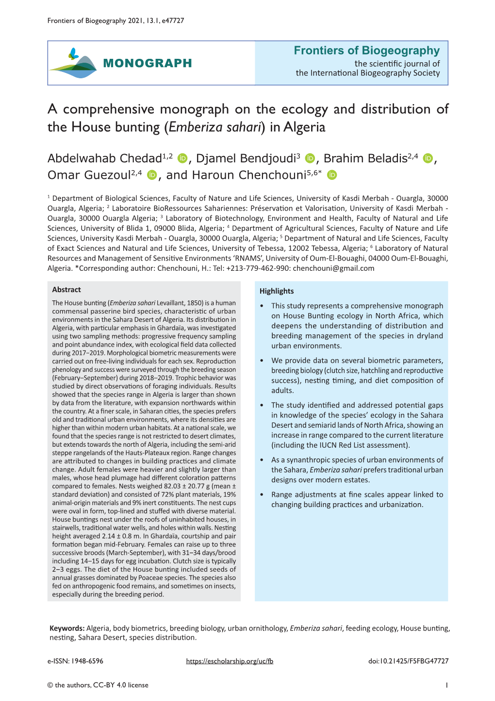 A Comprehensive Monograph on the Ecology and Distribution of the House Bunting (Emberiza Sahari) in Algeria