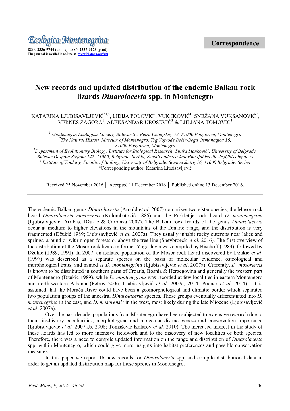 New Records and Updated Distribution of the Endemic Balkan Rock Lizards Dinarolacerta Spp