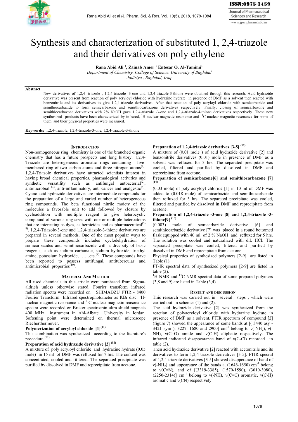 Synthesis and Characterization of Substituted 1, 2,4-Triazole and Their Derivatives on Poly Ethylene