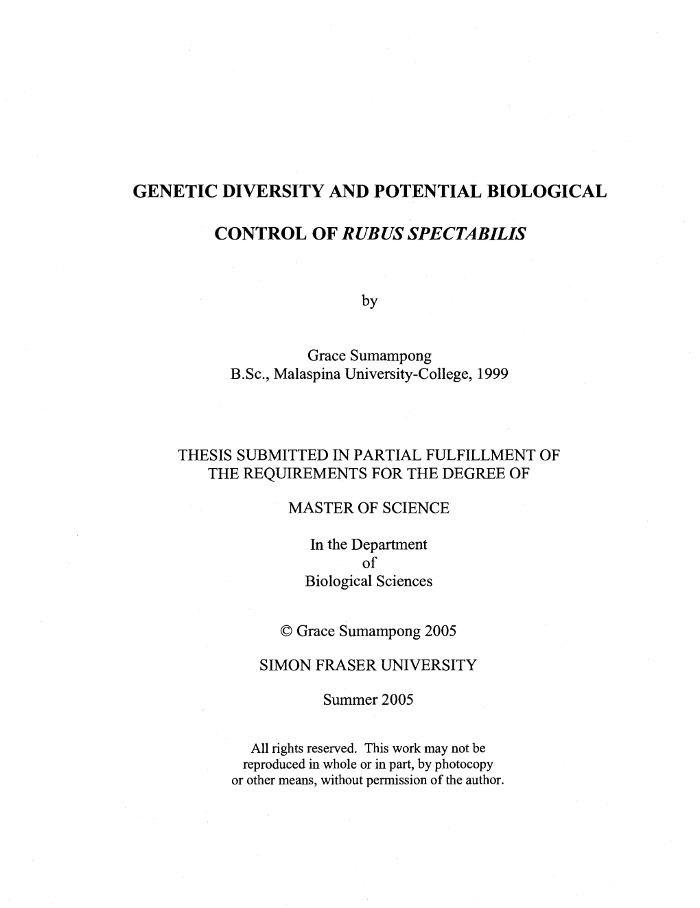 Genetic Diversity and Potential Biological Control of Rubus Spectabilis