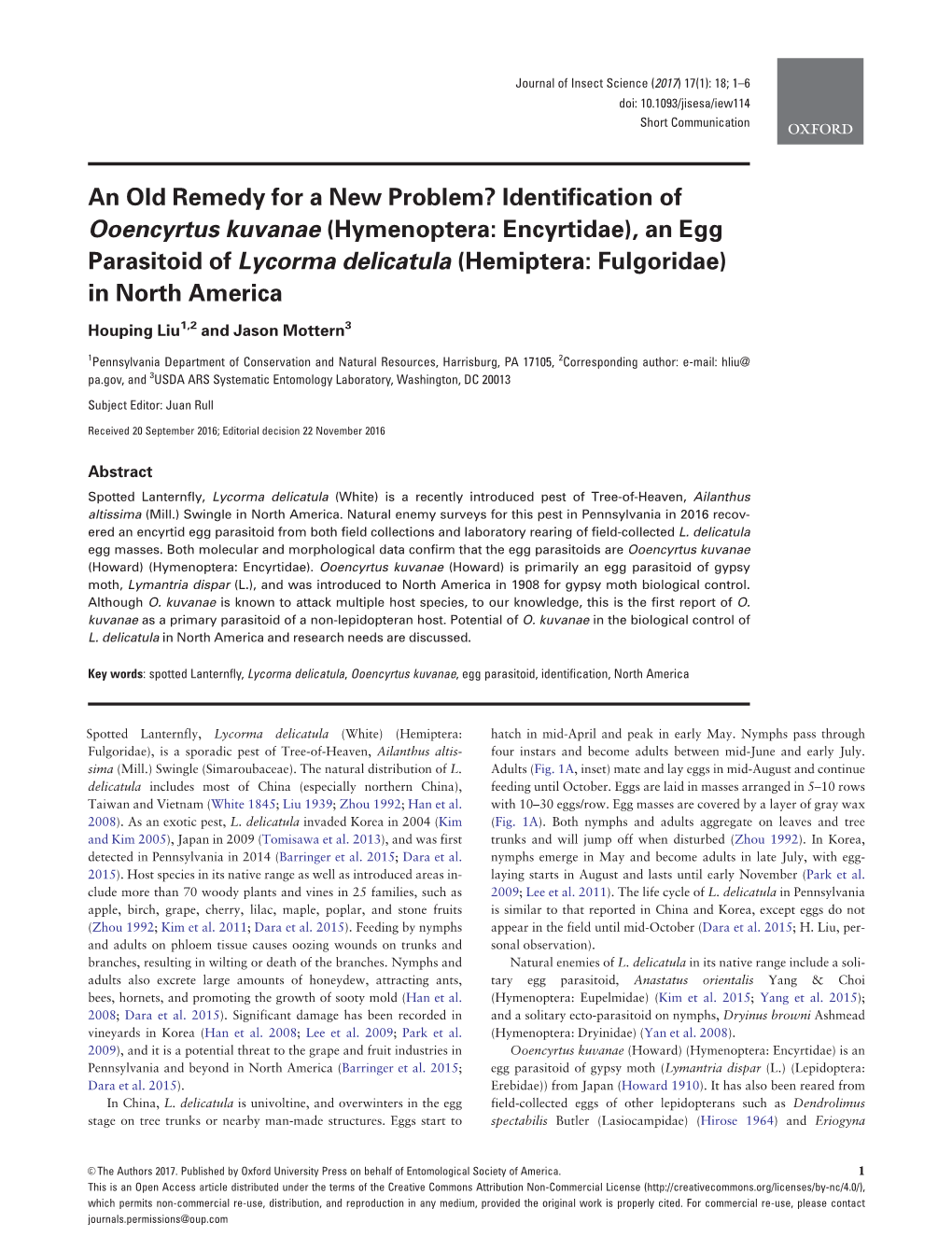 Identification of Ooencyrtus Kuvanae (Hymenoptera: Encyrtidae), an Egg Parasitoid of Lycorma Delicatula (Hemiptera: Fulgoridae) in North America