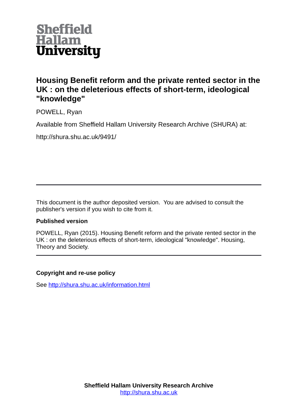 Housing Benefit Reform and the Private Rented Sector in the UK