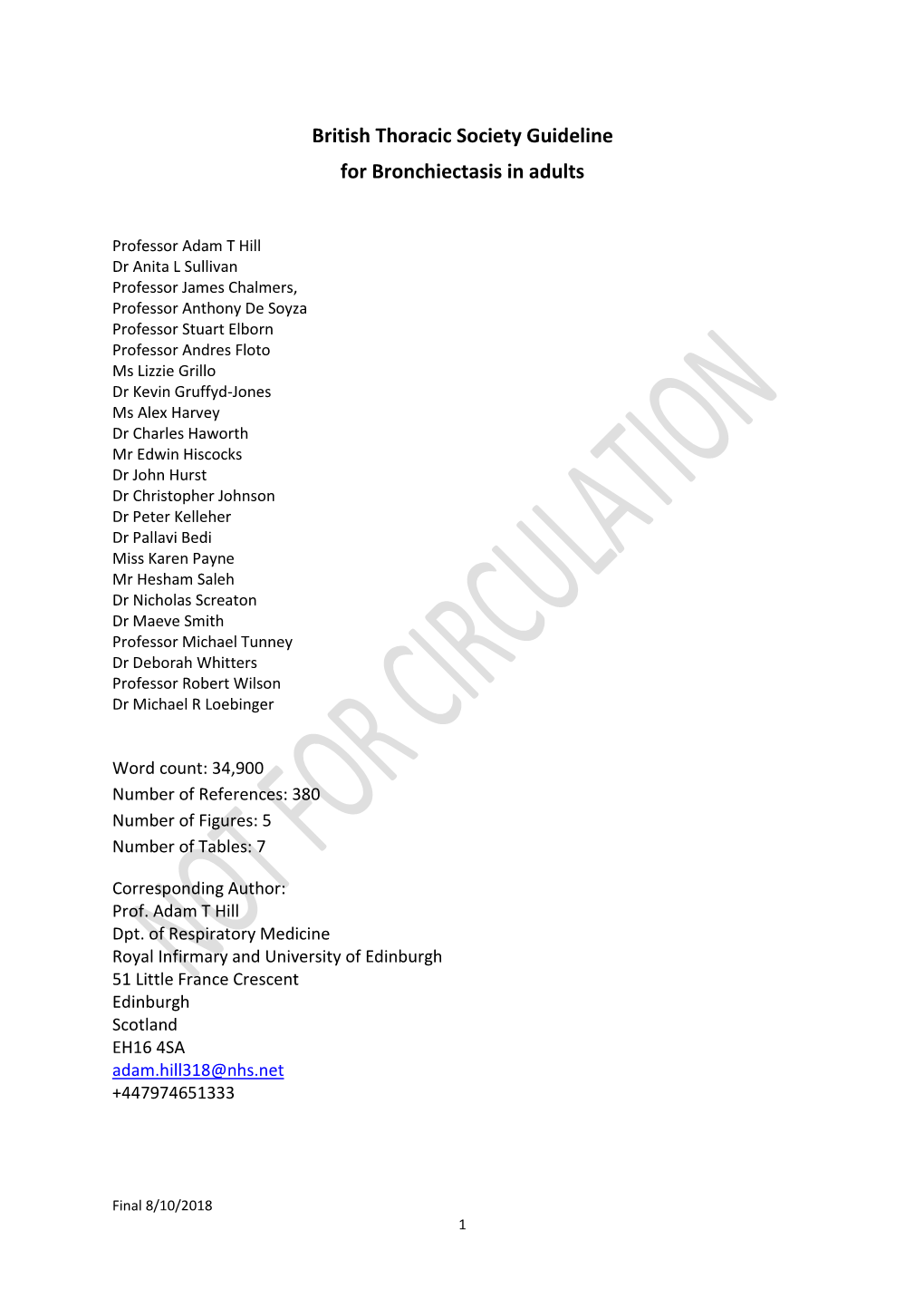 British Thoracic Society Guideline for Bronchiectasis in Adults