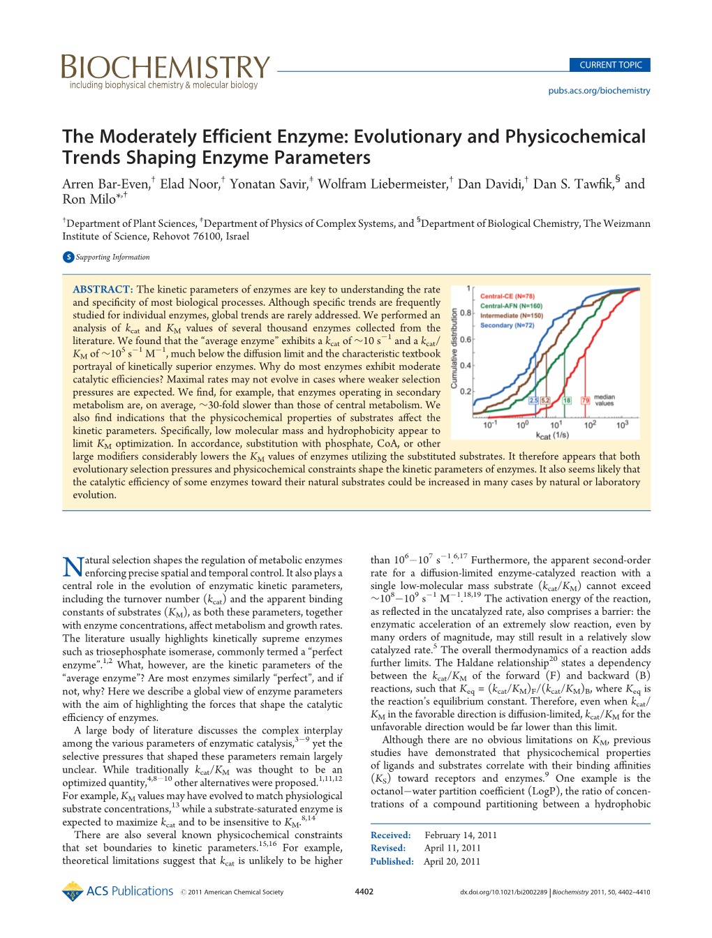 Evolutionary and Physicochemical Trends Shaping Enzyme Parameters Arren Bar-Even,† Elad Noor,† Yonatan Savir,‡ Wolfram Liebermeister,† Dan Davidi,† Dan S