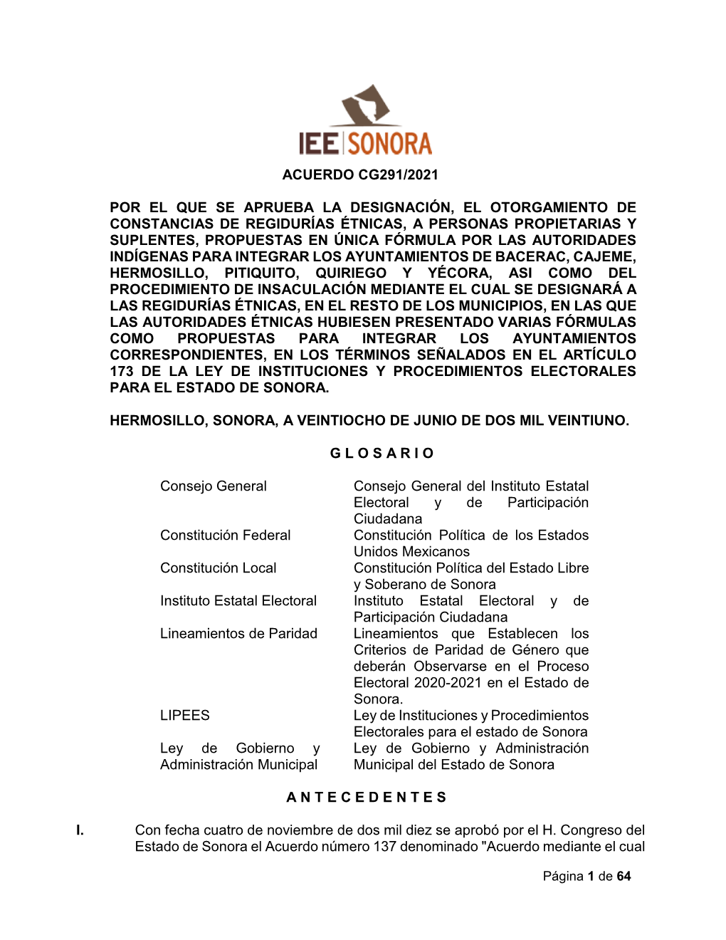 Acuerdo Cg291/2021 Por El Que Se Aprueba La