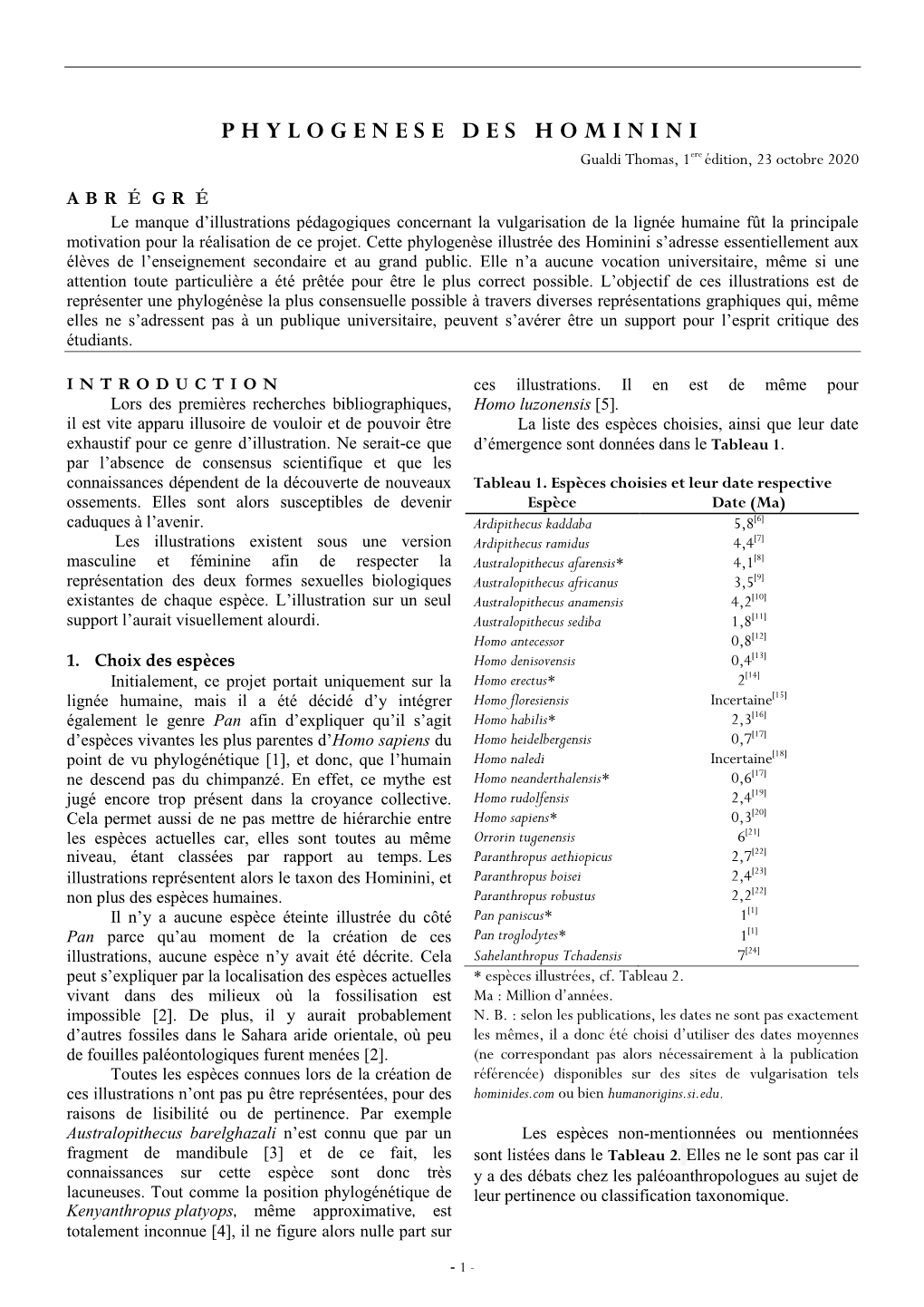 PHYLOGENESE DES HOMININI Gualdi Thomas, 1Ere Édition, 23 Octobre 2020