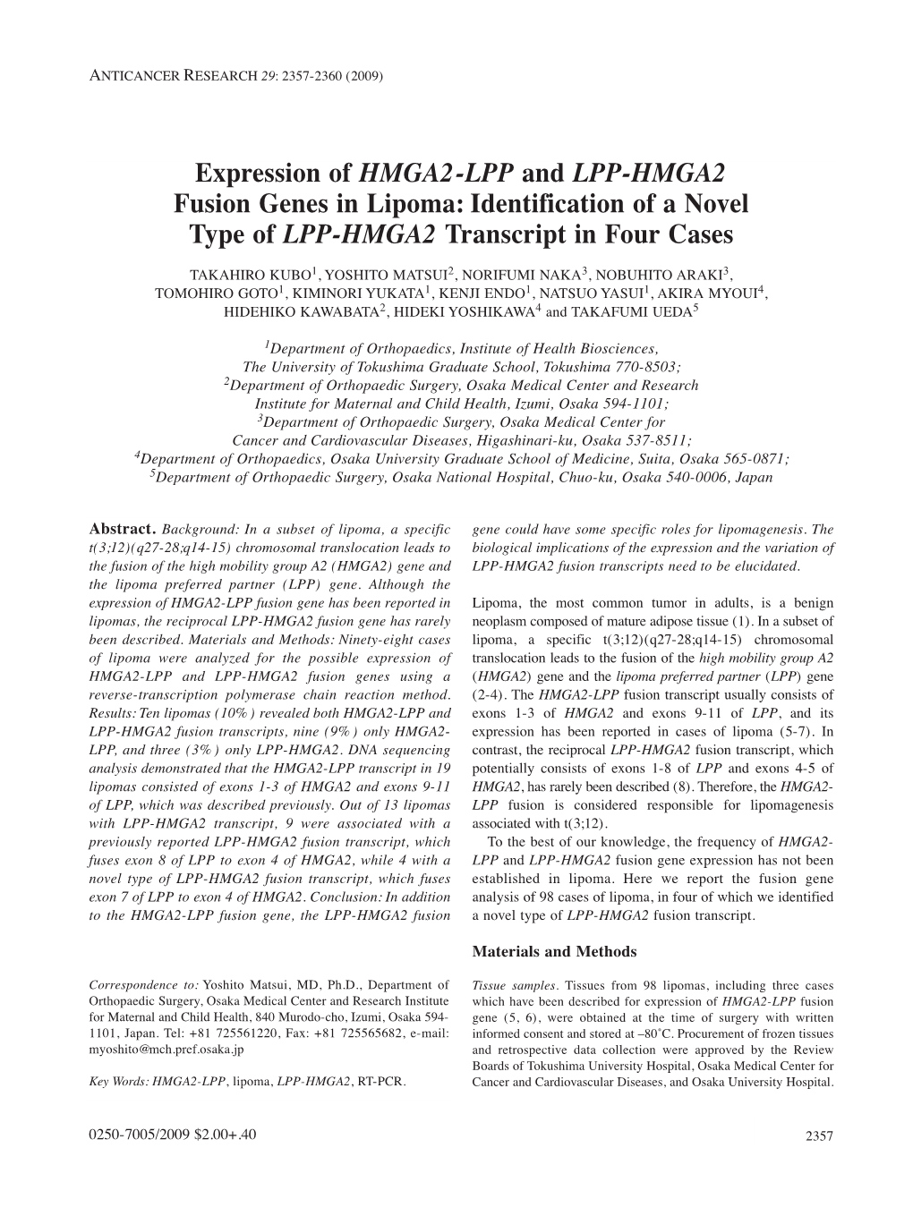 Expression of HMGA2-LPP and LPP-HMGA2 Fusion Genes in Lipoma: Identification of a Novel Type of LPP-HMGA2 Transcript in Four Cases