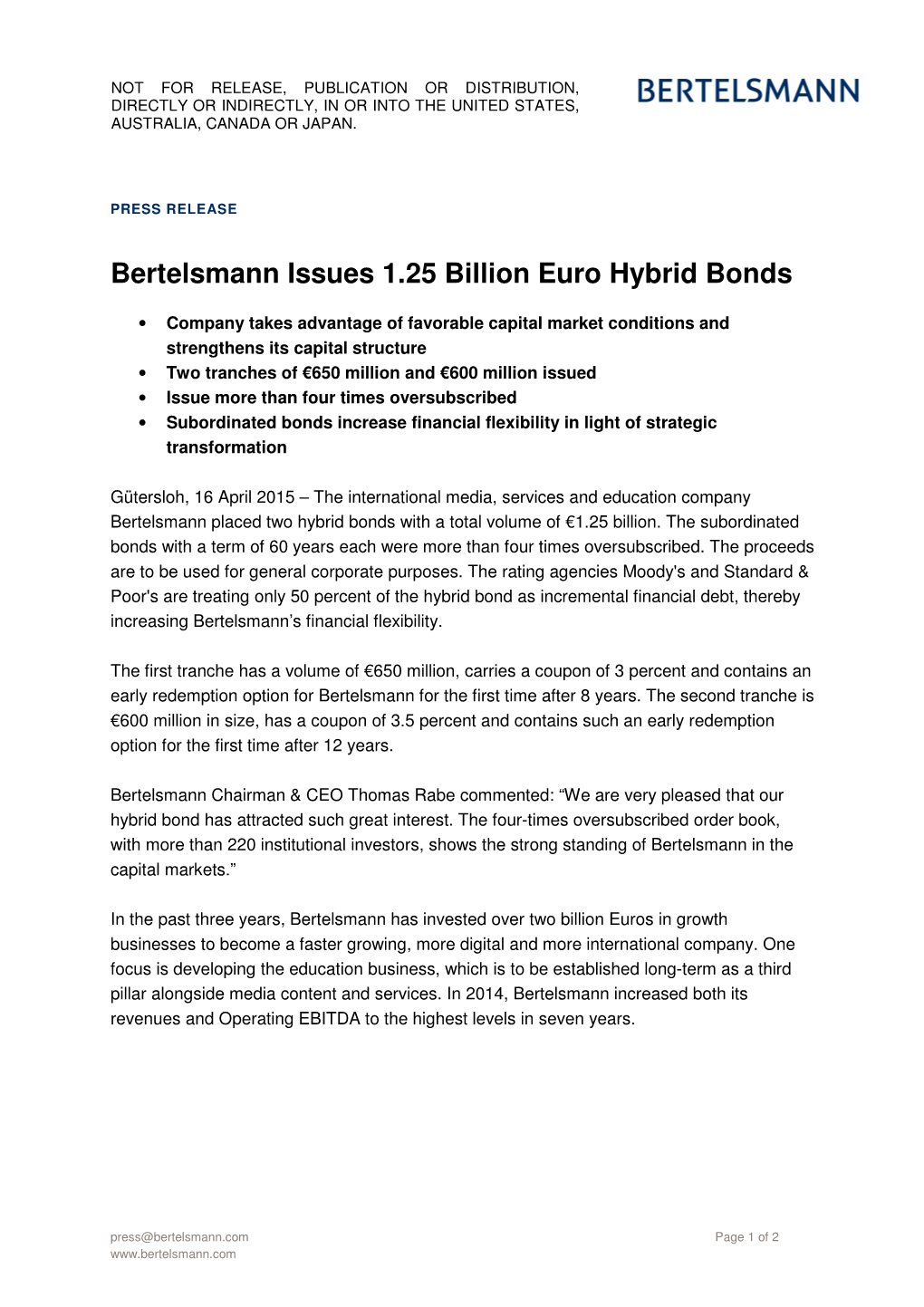 Bertelsmann Issues 1.25 Billion Euro Hybrid Bonds