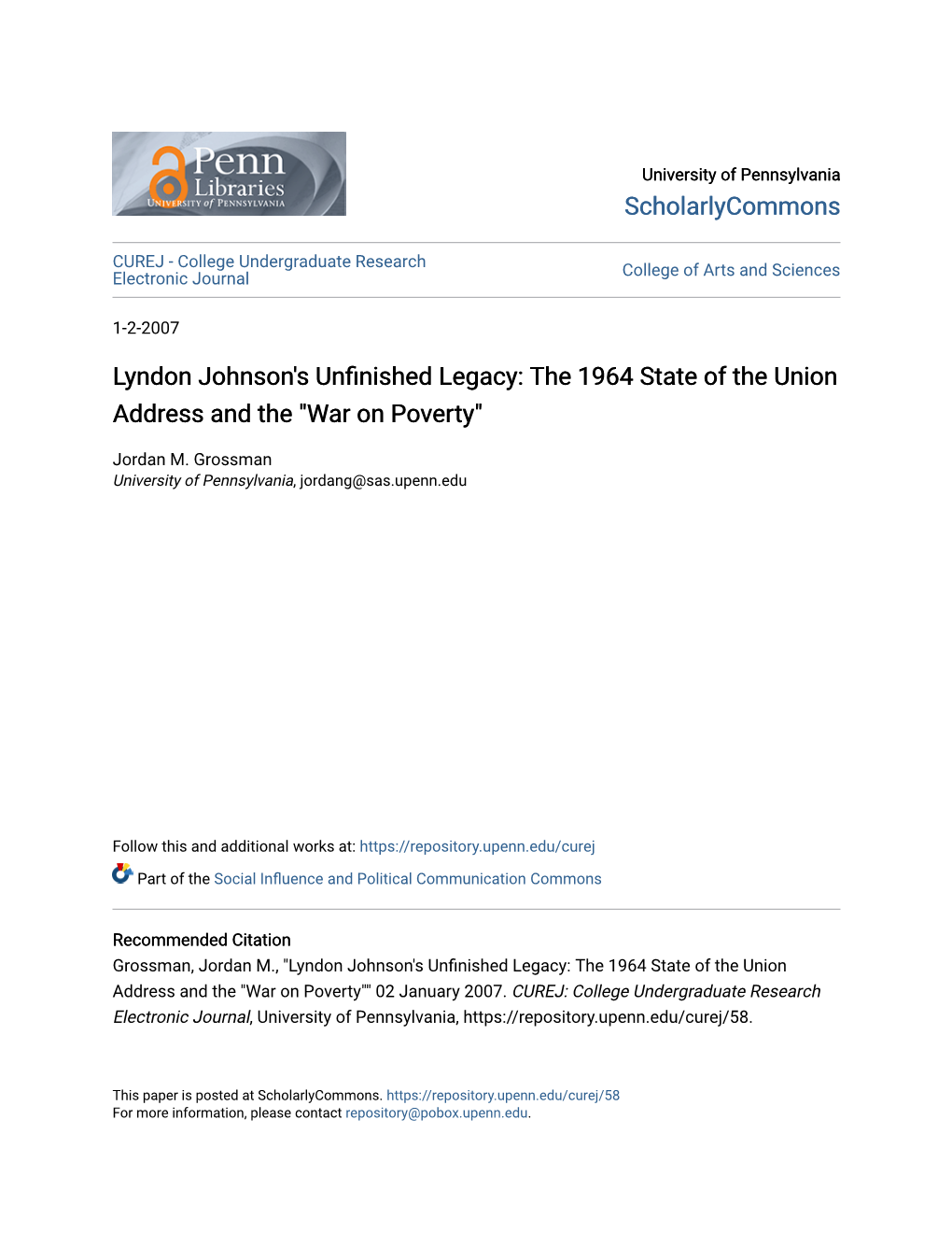 Lyndon Johnson's Unfinished Legacy: the 1964 State of the Union Address and the 