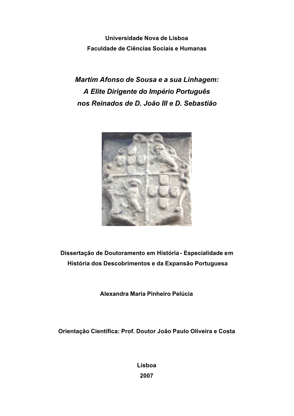 Martim Afonso De Sousa E a Sua Linhagem: a Elite Dirigente Do Império Português Nos Reinados De D