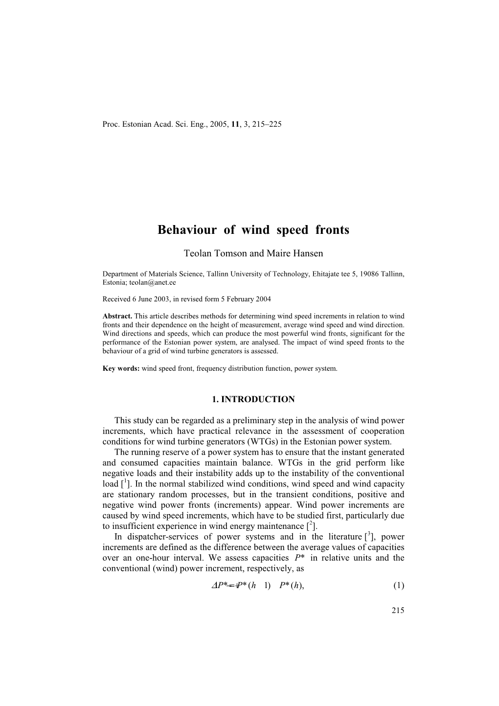 Behaviour of Wind Speed Fronts