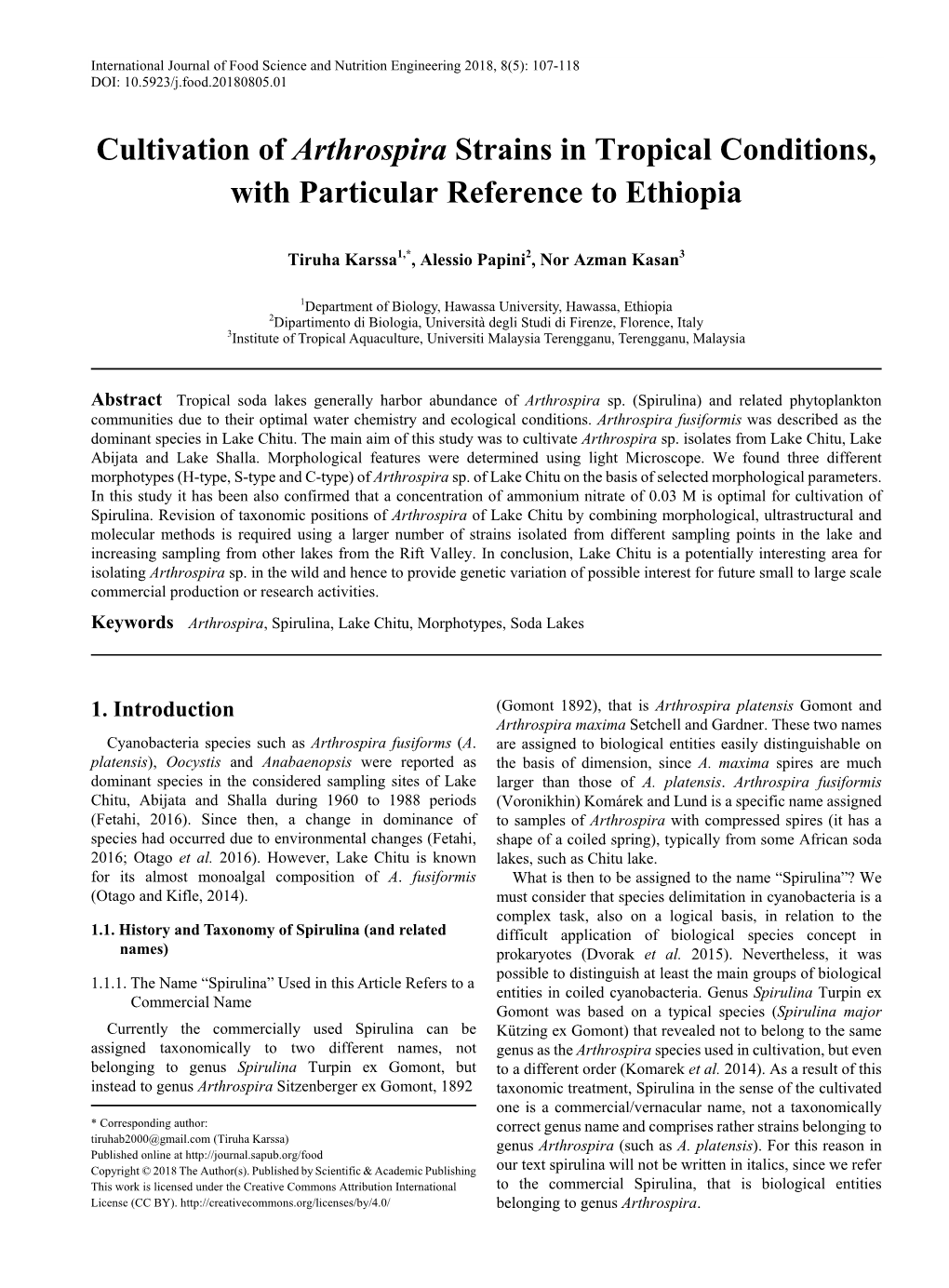 &lt;I&gt;Arthrospira&lt;/I&gt;, Spirulina, Lake Chitu, Morphotypes, Soda Lakes