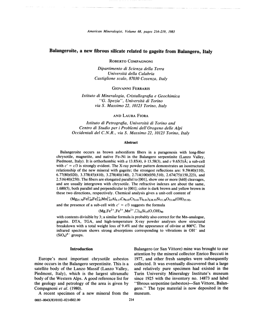 Balangeroite, a New Fibrous Silicate Related to Gageite from Balangero, Italy