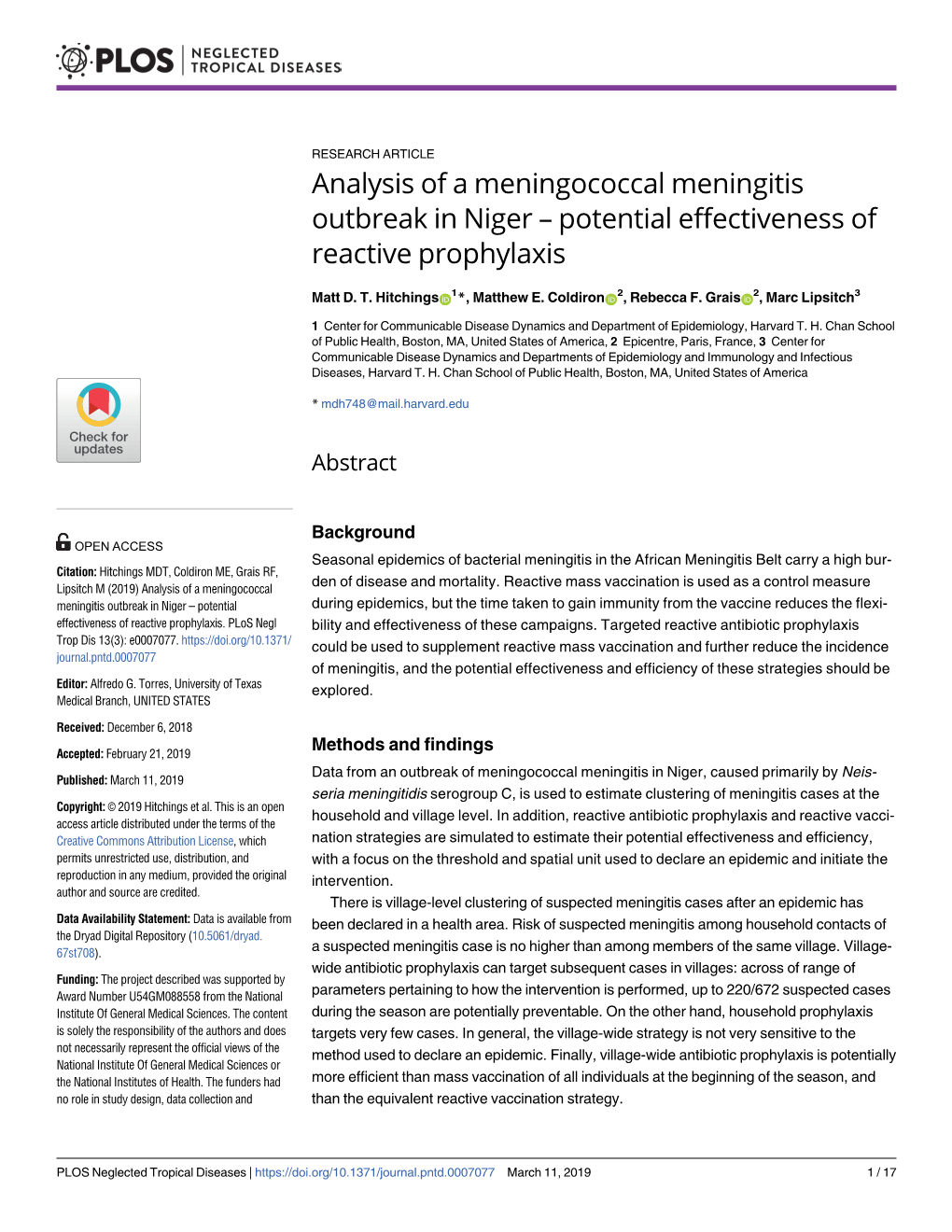 Analysis of a Meningococcal Meningitis Outbreak in Niger – Potential Effectiveness of Reactive Prophylaxis