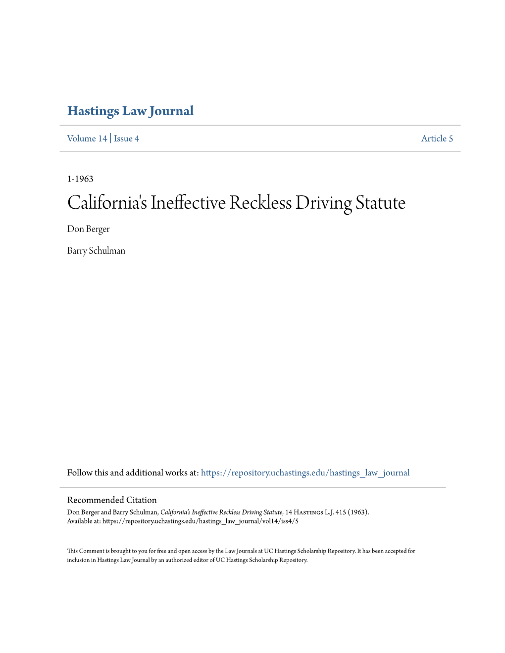 California's Ineffective Reckless Driving Statute Don Berger