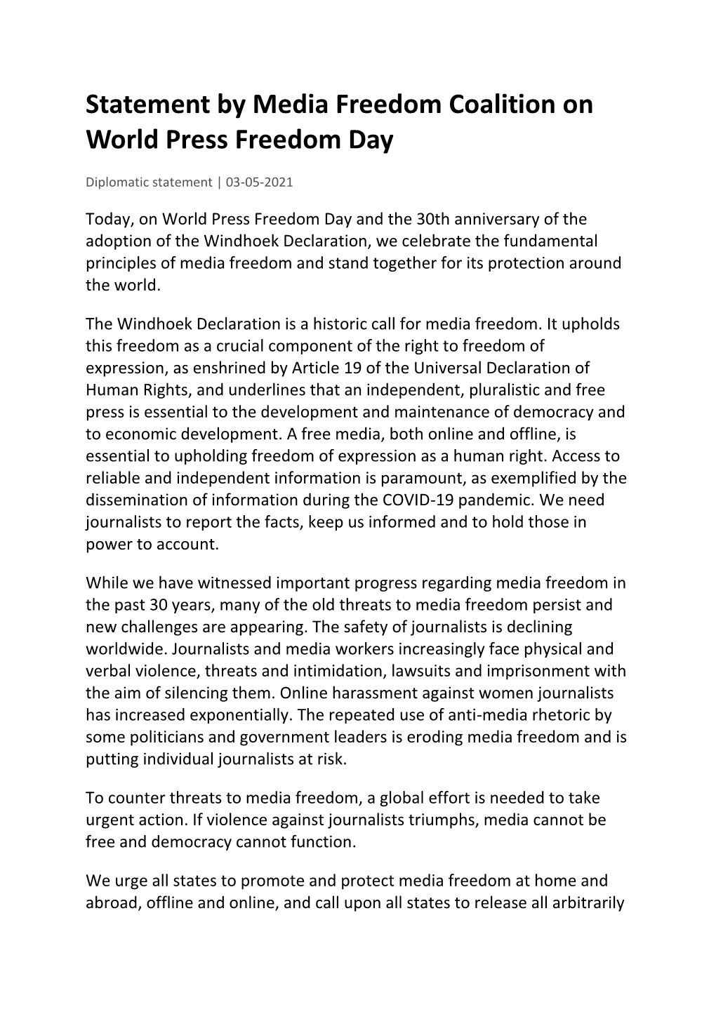 Statement by Media Freedom Coalition on World Press Freedom Day