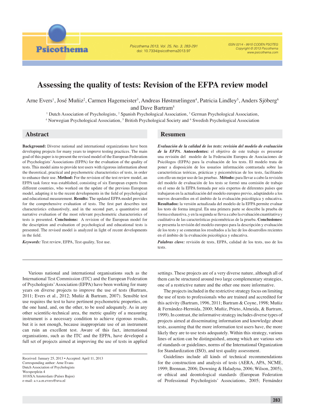 Assessing the Quality of Tests: Revision of the EFPA Review Model