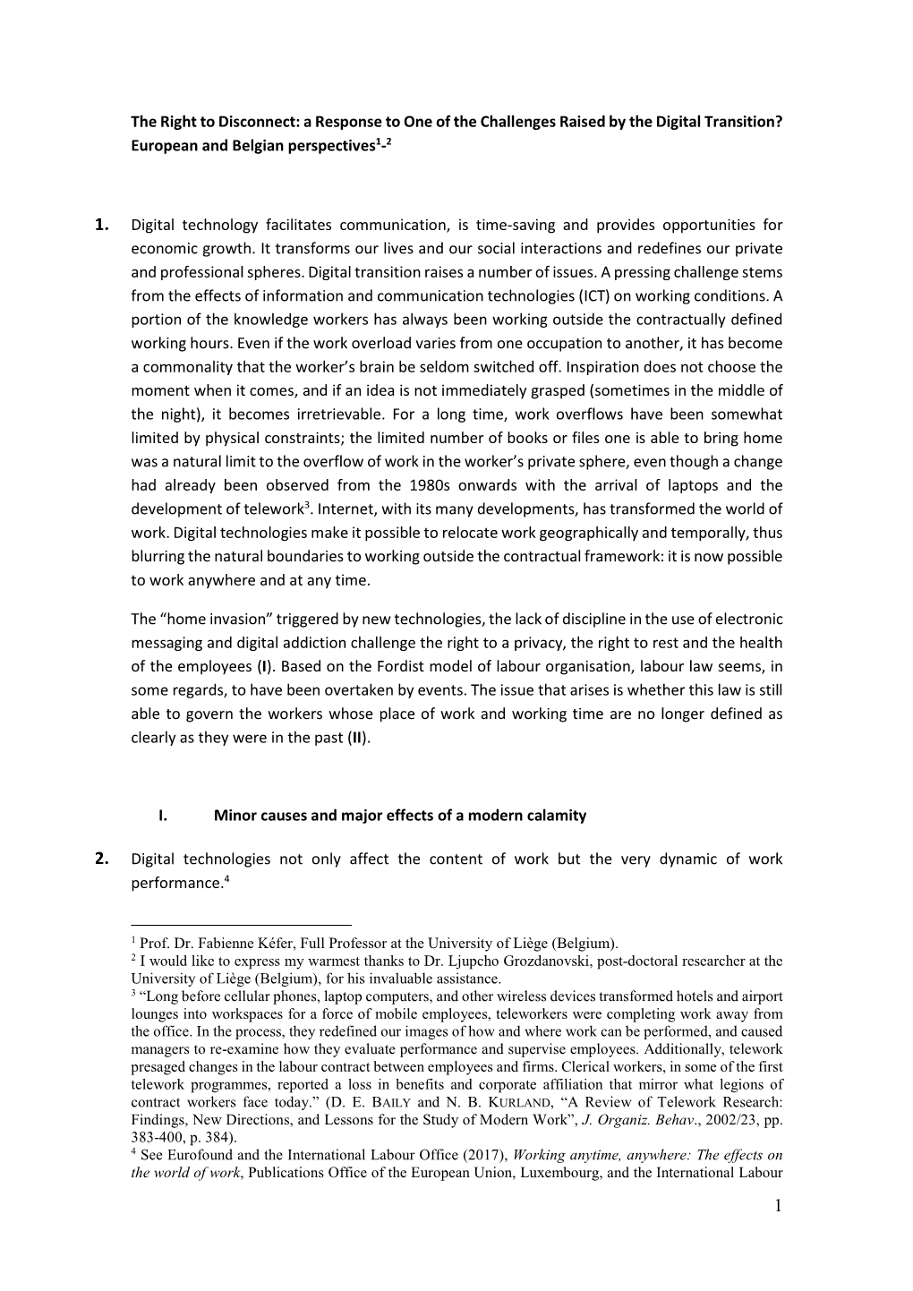 The Right to Disconnect: a Response to One of the Challenges Raised by the Digital Transition? European and Belgian Perspectives1-2